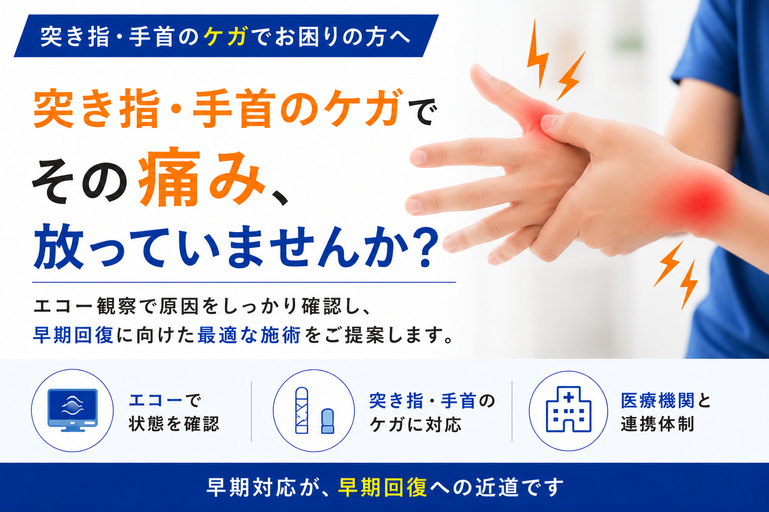 突き指・手首のケガ（骨折・腱断裂・TFCC）の解説イメージ