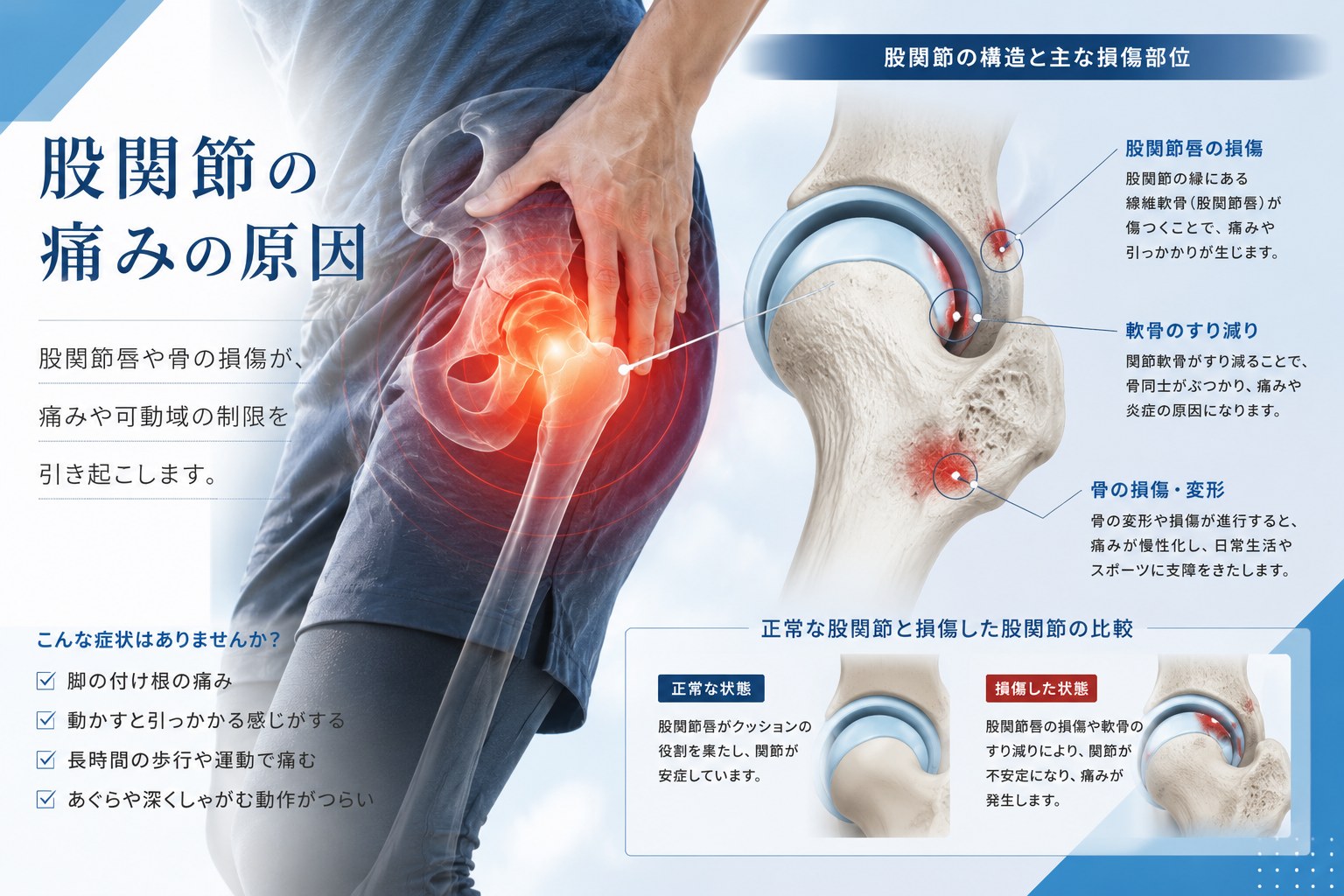 股関節の構造と主な損傷部位（股関節唇の損傷・軟骨のすり減り・骨の変形）の図解