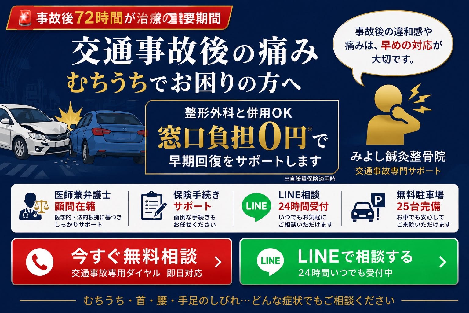 交通事故後の痛み・むちうちでお困りの方へ｜窓口負担0円で早期回復をサポート